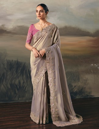 Grey tissue silk wedding wear saree