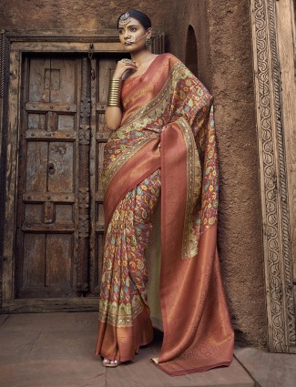 Peach silk saree with festive zari