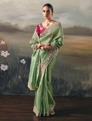 Pista green tissue silk designer saree