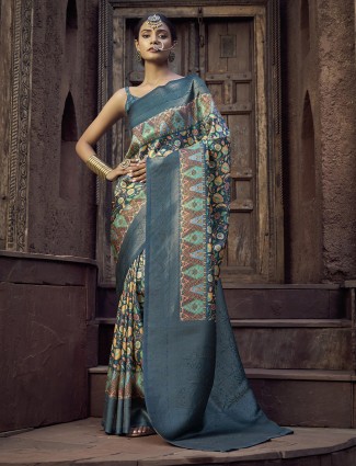 Rama blue silk saree with woven zari