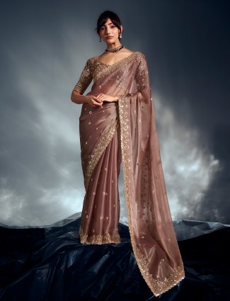 Beige embellished organza festive saree