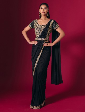 Black satin lycra saree with gleaming festive detailing