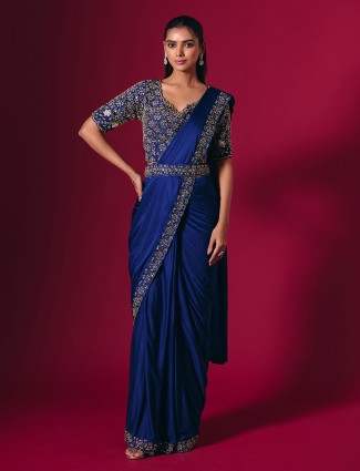 Blue lycra saree with modern sequin accents