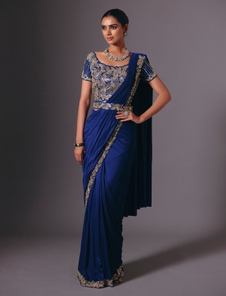 Blue satin lycra saree with smooth elegant shine