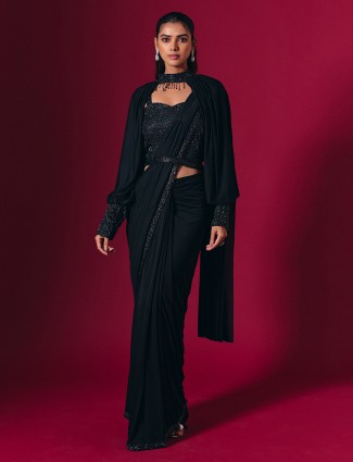 Black lycra saree with elegant pearl embellishments