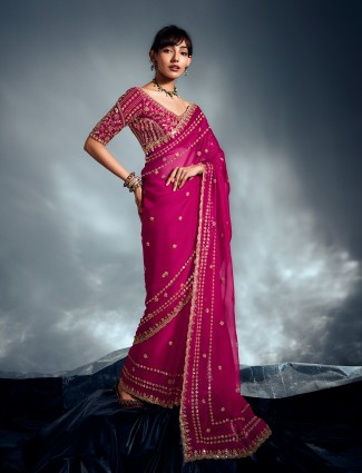 Magenta embellished organza party saree