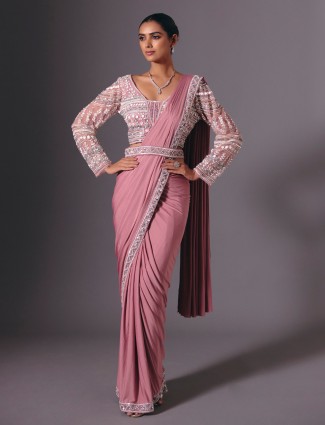Oonion pink lycra saree with grand festive embellishments