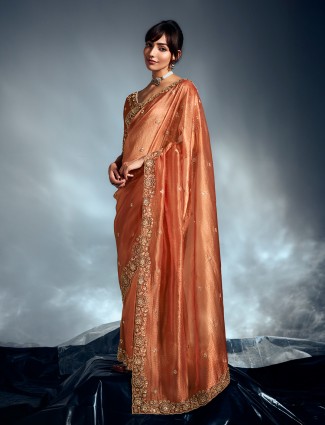 Peach organza saree with radiant detailing