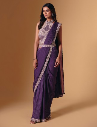 Purple cruss lycra saree with luxe festive sparkle