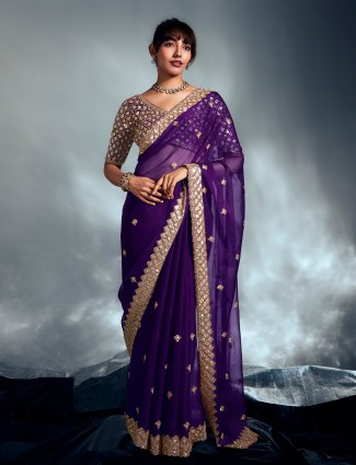 Purple organza saree with festive shimmer