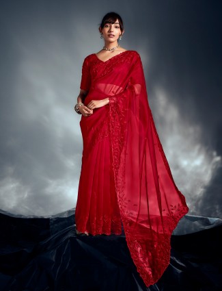 Red organza saree with crafted elegance