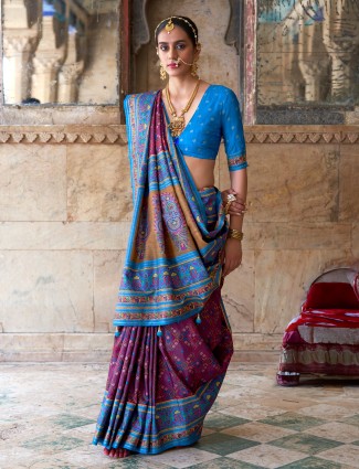 Wine blue printed silk saree