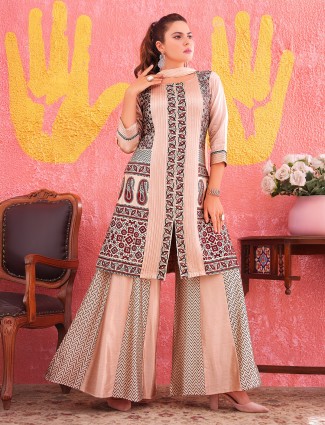 Beige silk festive palazzo suit with graceful dupatta