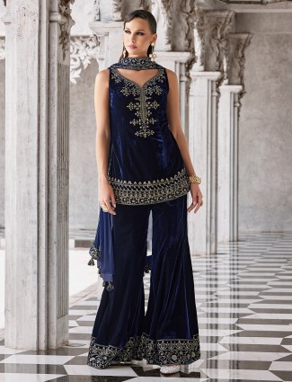 Blue velvet palazzo suit for women festive wear
