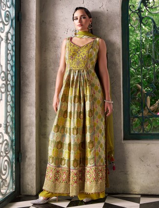 Mehendi green silk floor length palazzo suit