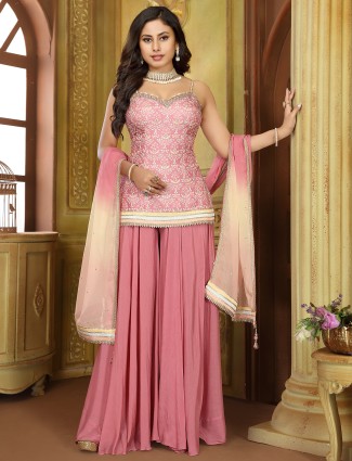 Onion pink silk embellished palazzo suit with dupatta