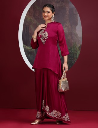 Wine crepe silk indo western suit