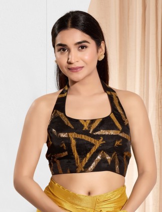 Black and mustard cotton blouse with zari work