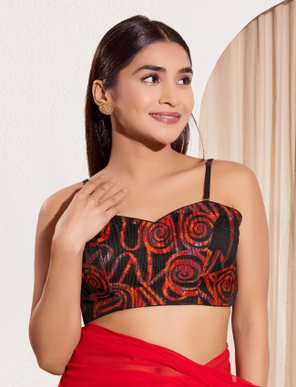 Black organza printed sleeveless blouse