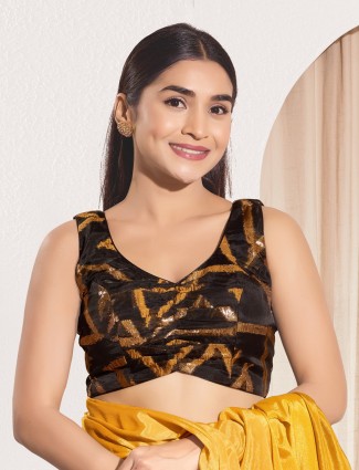 Black organza sleeveless blouse with zari work