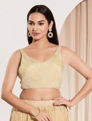 Cream tissue silk sleeveless sweetheart neck blouse