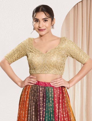 Gold crochet sweetheart neck elbow sleeve blouse