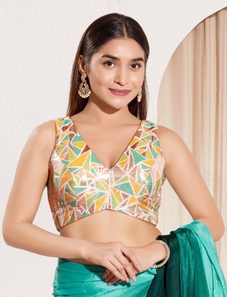 Mustard yellow jacquard v neck printed blouse