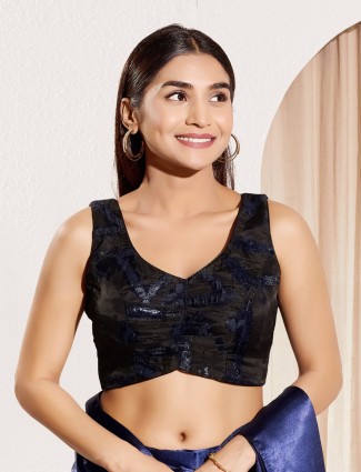 Navy and black organza blouse with zari detailing