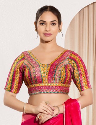 Pink brocade v neck printed festive blouse