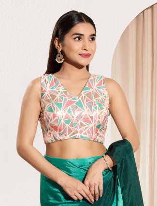 Pink jacquard v neck sleeveless printed blouse