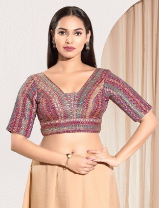 Purple brocade v neck printed elbow sleeve blouse