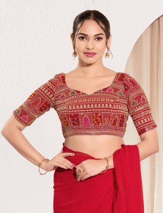Red brocade embroidered blouse with sequins