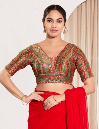 Red and multicolor brocade v neck printed blouse