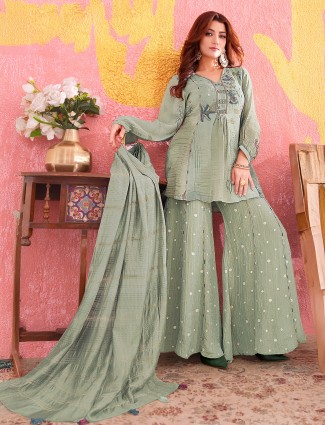Sage green chiffon palazzo suit with festive embellished