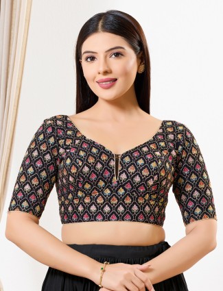 Black silk embroidered sweetheart neck elbow sleeve blouse