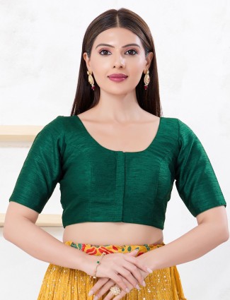 Bottle green dupion silk solid front open blouse