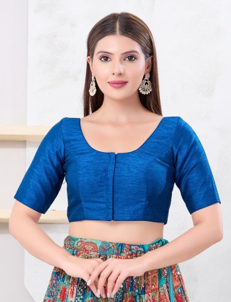 Fire blue dupion silk solid round neck blouse