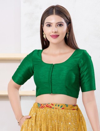 Green dupion silk solid round neck blouse