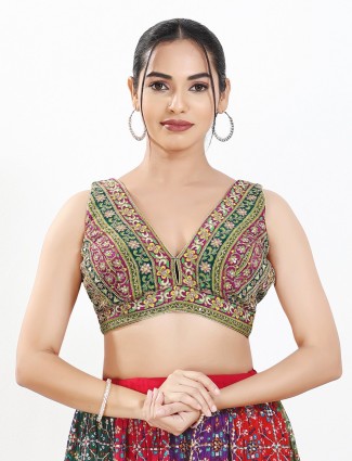 Green georgette thread & sequins ready made blouse