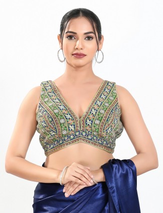 Green georgette festive ready made blouse