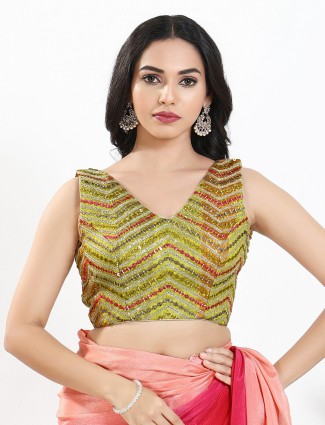 Liril green silk aabla and thread ready made blouse