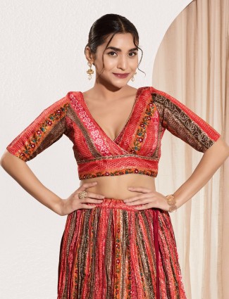 Maroon brocade v neck printed elbow sleeve blouse