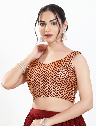 Maroon silk sequins sleeveless sweetheart neck blouse