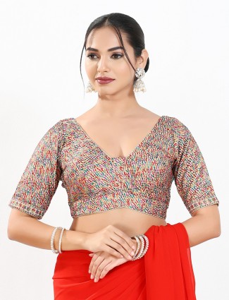 Multi color printed mulberry silk back open blouse