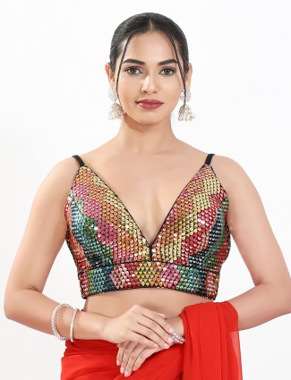 Multi color sequins sleeveless ready made blouse