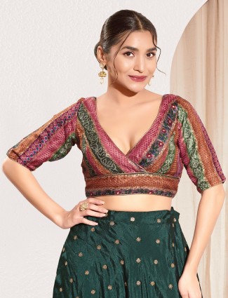 Multicolor brocade v neck printed elbow sleeve blouse