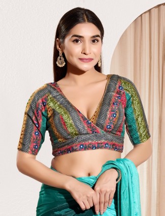 Multicolor brocade v neck printed festive blouse