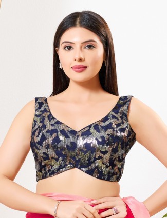 Navy silk sleeveless sequins sweetheart neck blouse