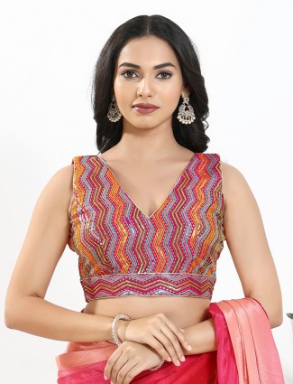 Pink silk embroidered v neck sleeveless blouse