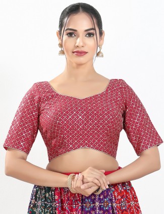 Pink silk embroidered elbow sleeve blouse